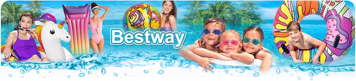 Obraz przedstawia grupę dzieci bawiących się w wodzie z kolorowymi dmuchanymi zabawkami. Na środku widoczny jest napis \'Bestway\'.