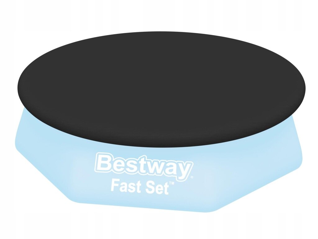 Obraz przedstawia czarną pokrywę basenu na niebieskim tle z napisem \'Bestway Fast Set\'.