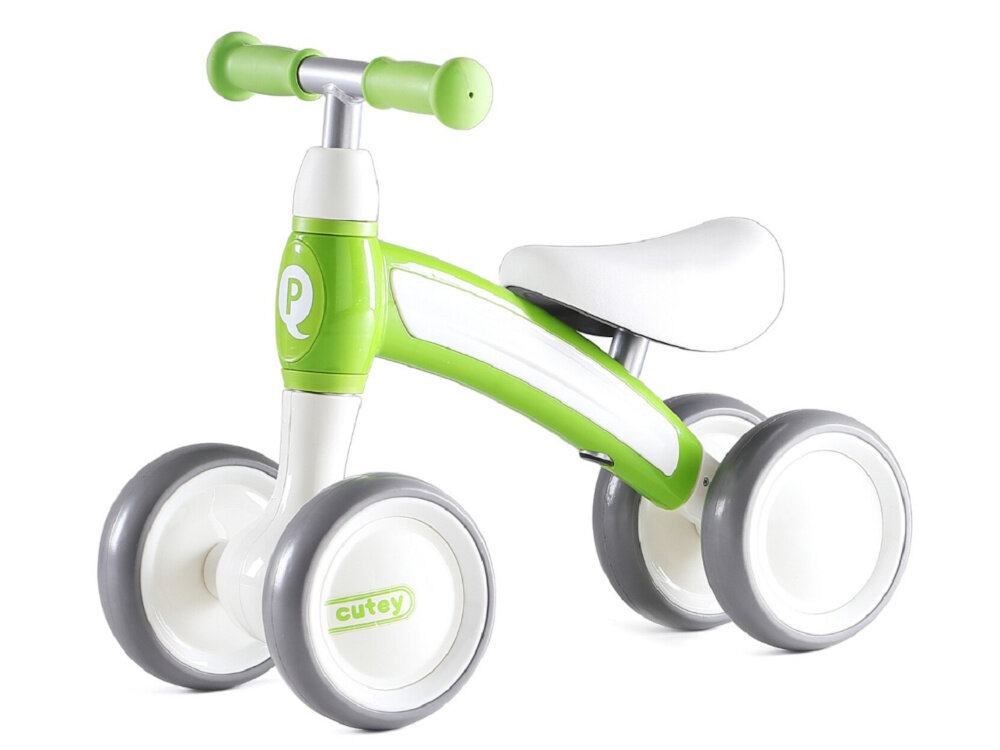 Rowerek biegowy QPLAY Cutey Zielono-biały niewielki wspiera rozwoj rownowagi koordynacji pewnosci siebie radosc z jazdy przemyslana konstrukcja wyjatkowe funkcje dla dzieci w wieku od 1 do 3 lat maksymalna waga do 20 kg