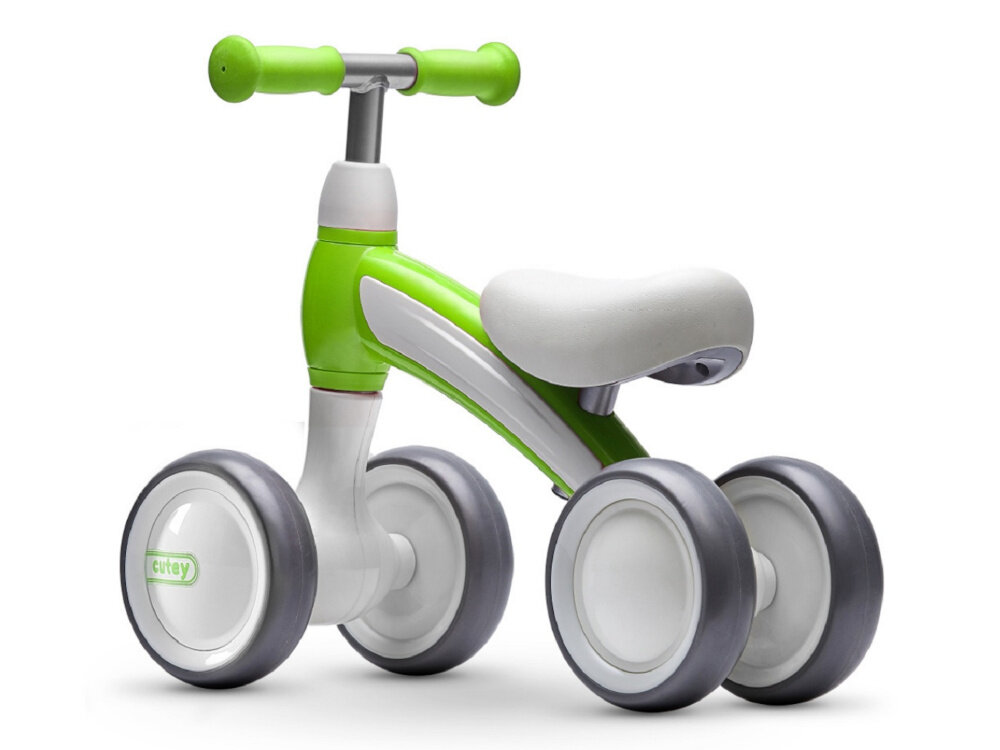 Rowerek biegowy QPLAY Cutey Zielono-biały stalowa rama obudowa z wysokiej jakosci tworzywa sztucznego wytrzymalosc lekkosc waga 2,1 kg oplywowy ksztalt zaokraglone elementy rozwoj radosc lekki wygodny bezpieczny