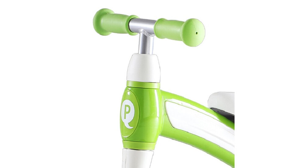 Rowerek biegowy QPLAY Cutey Zielono-biały bezpiecznie regulowana kierownica w zakresie od 38 do 40 cm optymalna bezpieczna pozycję szerokosc 25 cm uchwyty z ogranicznikami antyposlizgowe tworzywo bezpieczne podrozowanie