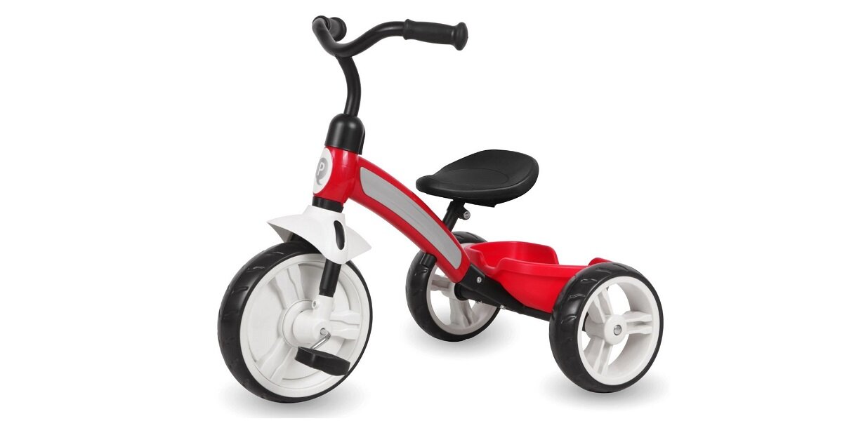 Trójkołowiec QPLAY Elite udogodnienia kierownica rączki antypoślizgowe rama siedzisko oparcie pedały koła struktora kosz wyprawa