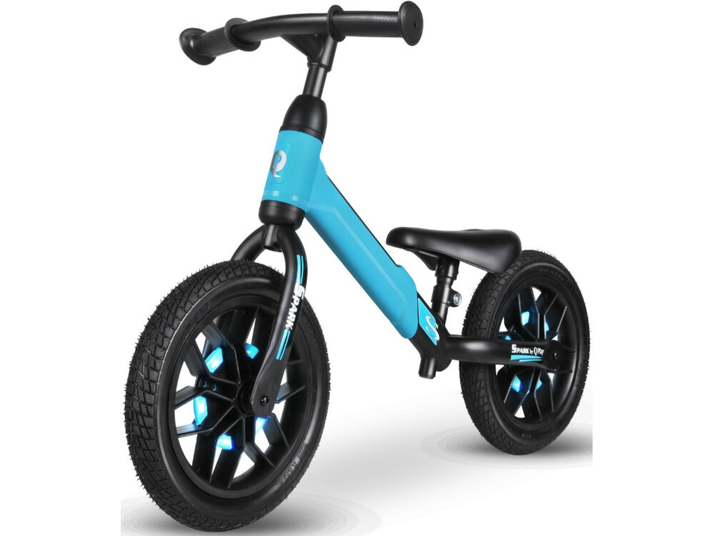 Rowerek biegowy QPLAY Spark Niebieski bezpieczny kierownica regulowana w zakresie do 53 do 55 cm dopasowana do wzrostu malucha szerokosc kierownicy 33 cm uchwyty z ogranicznikami antyposlizgowe tworzywo bezpieczne podrozowanie
