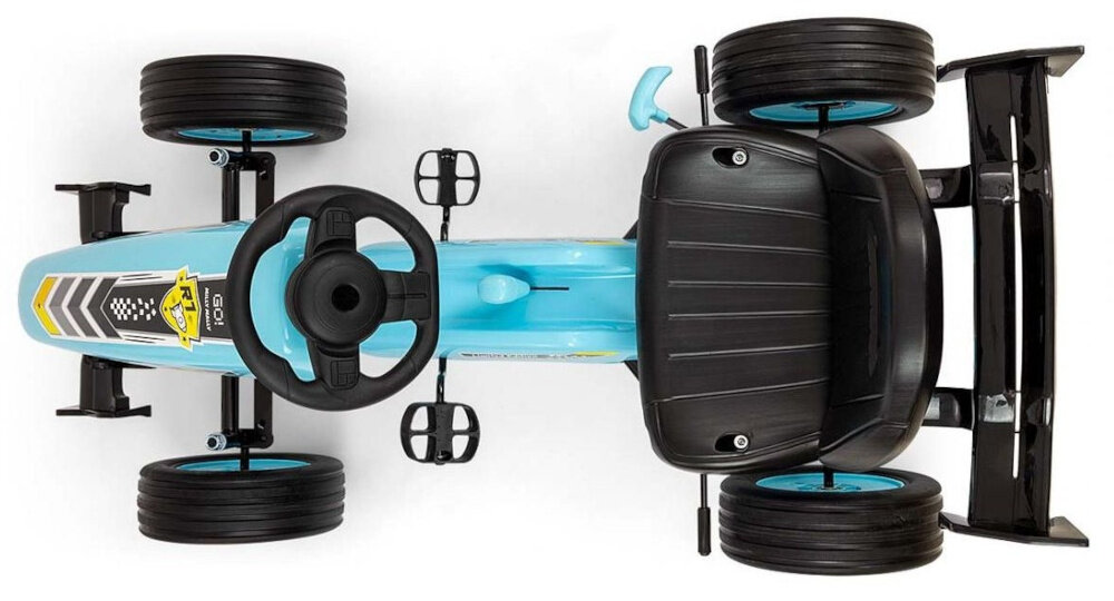 Gokart na pedały MILLY MALLY Rocket Jasnoniebieski gokart na białym tle widoczny z góry dla dzieci powyżej 3 roku życia aerodynamiczna sylwetka bolidu Formuły 1 wytrzymały spoiler rozwijaj sprawność fizyczną koordynację ruchową refleks wspiera naukę równowagi i motoryki