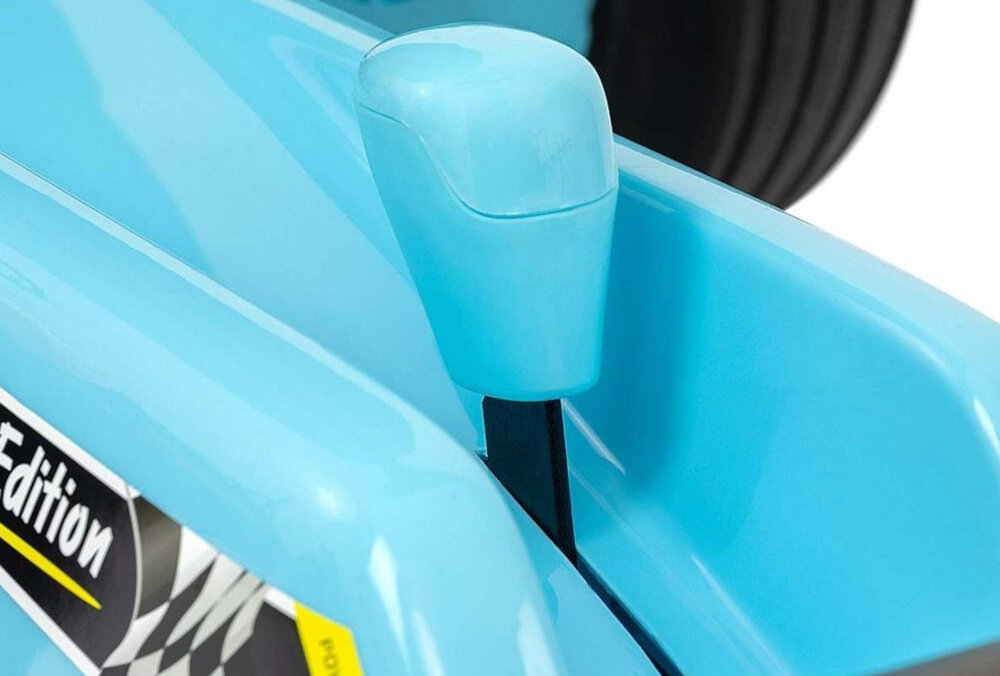 Gokart na pedały MILLY MALLY Rocket Jasnoniebieski zbliżenie na dźwignię do zmiany biegów skrzynia biegów z możliwością jazdy do przodu do tyłu funkcja „wolnego koła” dziecko uczy się kontrolować prędkość i kierunek pojazdu