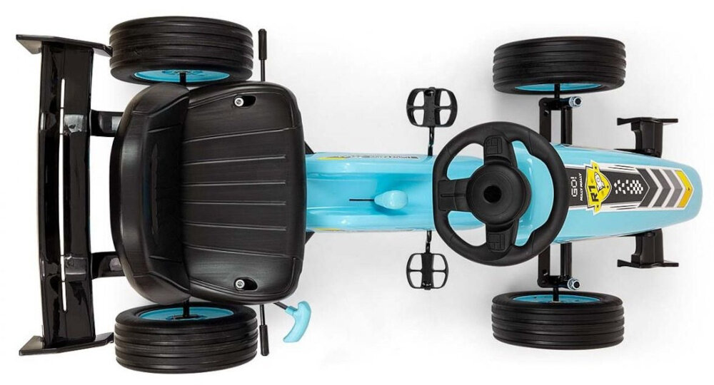 Gokart na pedały MILLY MALLY Rocket Jasnoniebieski gokart na białym tle widoczny z góry uchwyt umieszczony w oparciu pozwala dorosłym wygodnie przenosić gokart waga około 11,5 kg niewielkie wymiary (590 x 600 x 1230 mm)