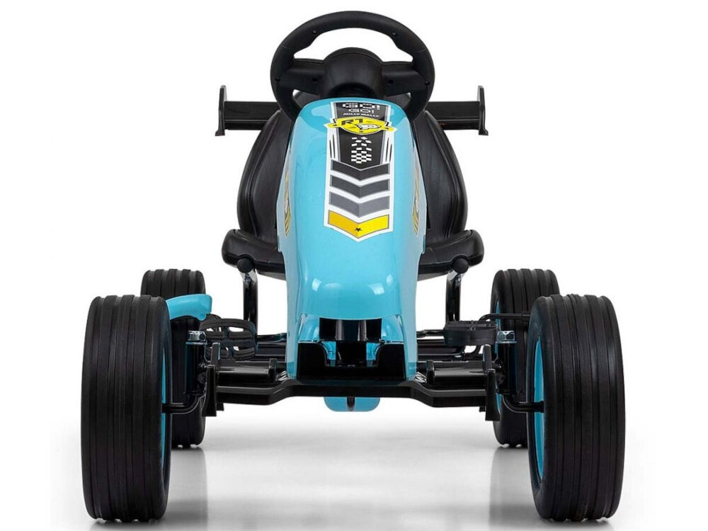 Gokart na pedały MILLY MALLY Rocket Jasnoniebieski gokart na białym tle widoczny od przodu forma nauki ćwiczy koncentrację refleks i koordynację ruchową dziecko uchy się zasad panowania nad pojazdem wspiera rozwój motoryczny i buduje pewność siebie solidna konstrukcja wysokiej jakości materiały maksymalne obciążenie 30 kg