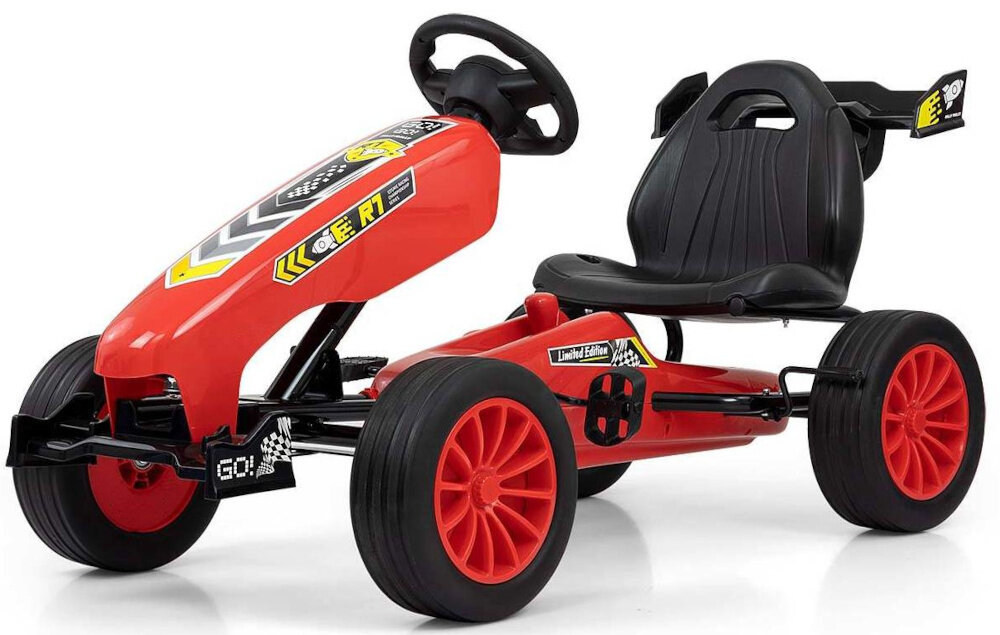 Gokart na pedały MILLY MALLY Rocket Czerwony gokart na białym tle widoczny od przodu pod skosem zabaw nauka rozwój aktywność