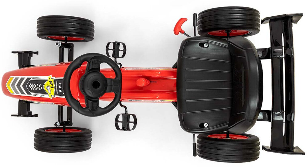 Gokart na pedały MILLY MALLY Rocket Czerwony gokart na białym tle widoczny z góry dla dzieci powyżej 3 roku życia aerodynamiczna sylwetka bolidu Formuły 1 wytrzymały spoiler rozwijaj sprawność fizyczną koordynację ruchową refleks wspiera naukę równowagi i motoryki