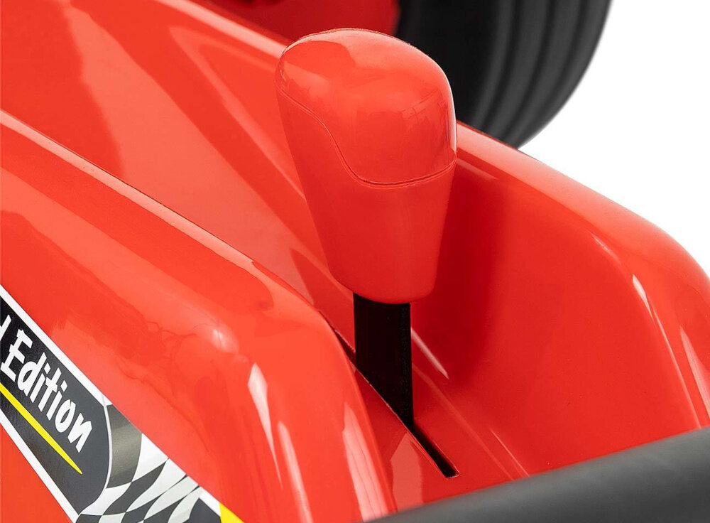 Gokart na pedały MILLY MALLY Rocket Czerwony zbliżenie na dźwignię do zmiany biegów skrzynia biegów z możliwością jazdy do przodu do tyłu funkcja „wolnego koła” dziecko uczy się kontrolować prędkość i kierunek pojazdu