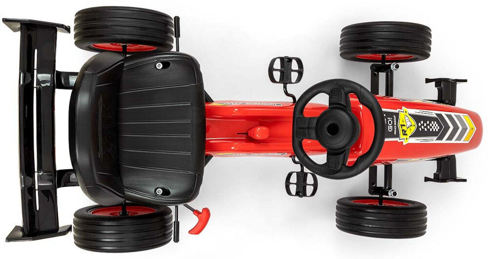 Gokart na pedały MILLY MALLY Rocket Czerwony gokart na białym tle widoczny z góry uchwyt umieszczony w oparciu pozwala dorosłym wygodnie przenosić gokart waga około 11,5 kg niewielkie wymiary (590 x 600 x 1230 mm)