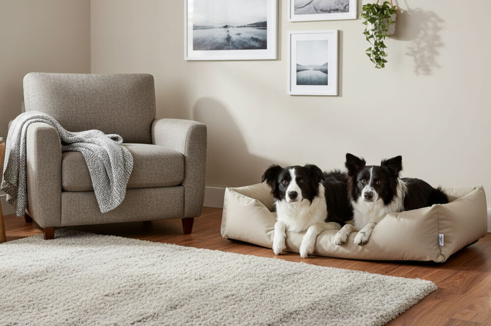 Legowisko dla psa BEDDOG Zara XXL bezowy Dwa psy rasy Border Collie o czarno-białym umaszczeniu leżą w beżowym, prostokątnym legowisku na drewnianej podłodze w jasnym, domowym wnętrzu. Obok legowiska stoi szary, tapicerowany fotel z narzuconym pledem. Na ścianie wiszą oprawione w białe ramy, monochromatyczne grafiki krajobrazowe. Przed fotelem i legowiskiem leży puszysty, jasny dywan.