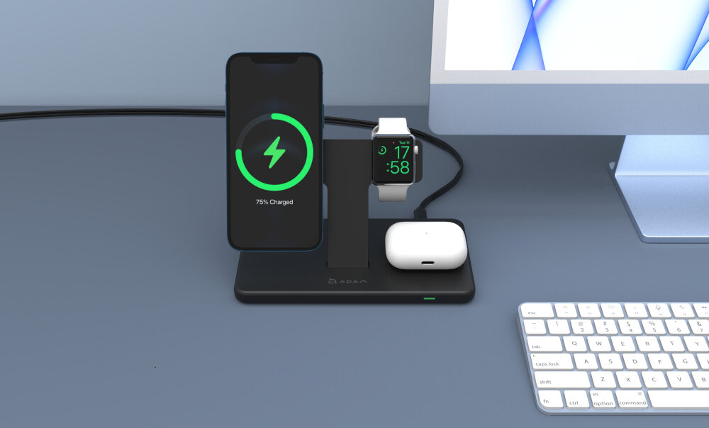 Ładowarka indukcyjna ADAM ELEMENTS Omnia M3 MagSafe 15W Czarny ładowanie smartfon zegarek airpodsy bateria poziom