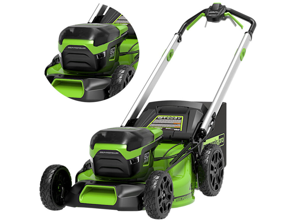 Kosiarka akumulatorowa GREENWORKS GD60LM46SP z napędem zasilanie akumulatorowe elastyczna mobilnosc praca bez kabli napiecie 60 V seria GREENWORKS 60 V oszczednosc energii i pieniedzy dwa porty akumulatorowe do dzialania dwa akumulatory