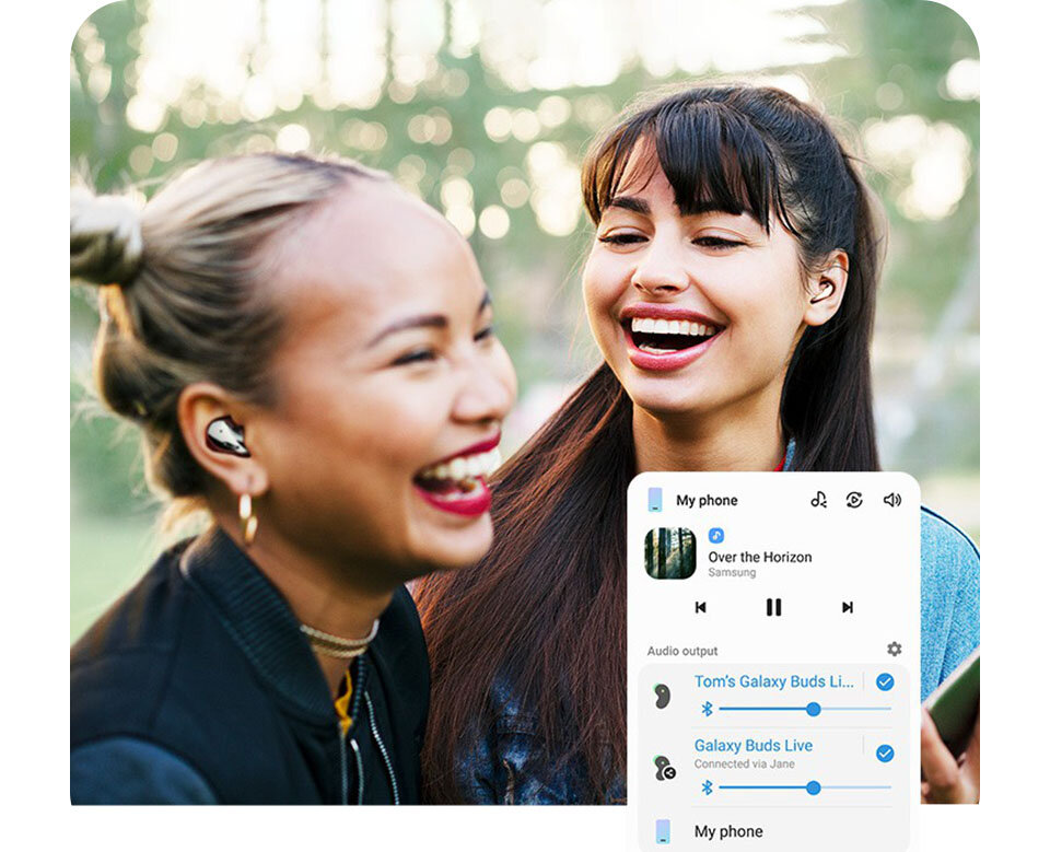 Grafika pokazuje możliwość udostępniania muzyki, bez dzielenia się słuchawkami Grafika pokazuje możliwość udostępniania muzyki, bez dzielenia się słuchawkami