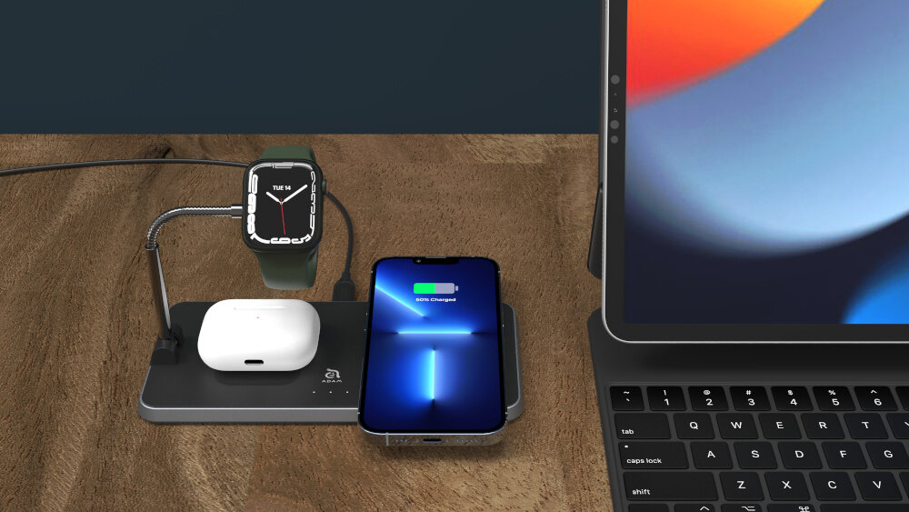 Ładowarka indukcyjna ADAM ELEMENTS Omnia Q3 3w1 10W Czarny ładowanie 3 urządzeń jednocześnie regulacja składanie smartfon stabilność