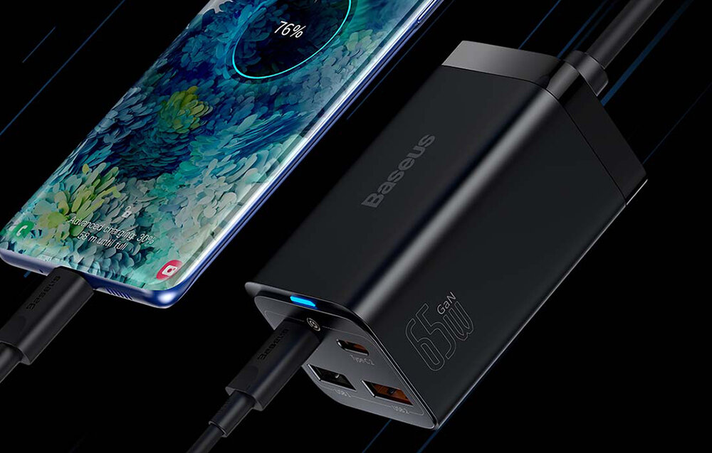 Ładowarka sieciowa BASEUS GaN3 Pro 65W + kabel USB Typ-C - USB Typ-C Czarny 4 porty moc