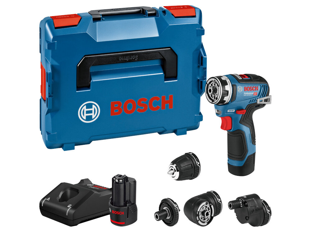 Wiertarko-wkrętarka BOSCH Professional GSR 12V-35 FC 06019H3000 zestaw na białym tle w zestawie wiertarko-wkrętarka dwa akumulatory ładowarka walizka L-BOXX zaczep do paska wymienny uchwyt wiertarski wymienny uchwyt do końcówek wkręcających wymienny uchwyt kątowy wymienny uchwyt do wkręcania blisko krawędzi dokumentacja
