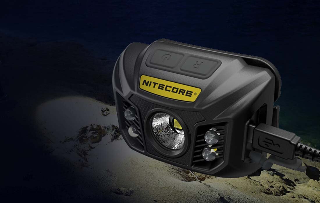 Latarka czołowa NITECORE NU32 akumulator żywotność czas pracy zasłonięty port wskaźnik