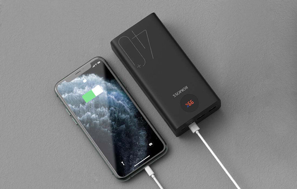 Powerbank ROMOSS PEA40 pojemność moc porty wyjścia USB-A USB typ-C ładowanie szybkość ekran diody wymiary waga odporny bezpieczny