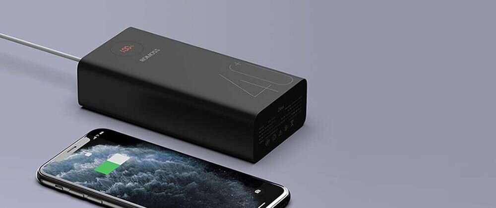 Powerbank ROMOSS PEA40 pojemność moc porty wyjścia USB-A USB typ-C ładowanie szybkość ekran diody wymiary waga odporny bezpieczny