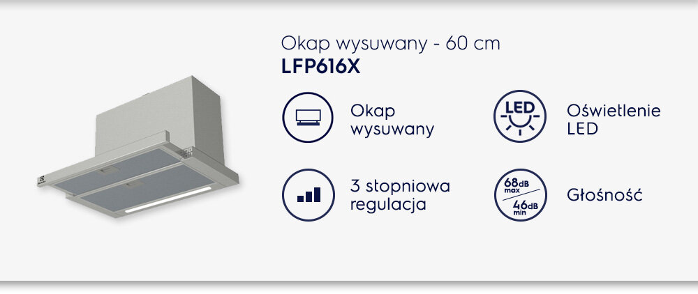 Obraz przedstawia okap wysuwany w kolorze szarym z oznaczeniem LFP616X. Obok znajdują się ikony z opisami: \'Okap wysuwany\', \'3 stopniowa regulacja\', \'Oświetlenie LED\', \'Głośność 68dB max, 46dB min\'.