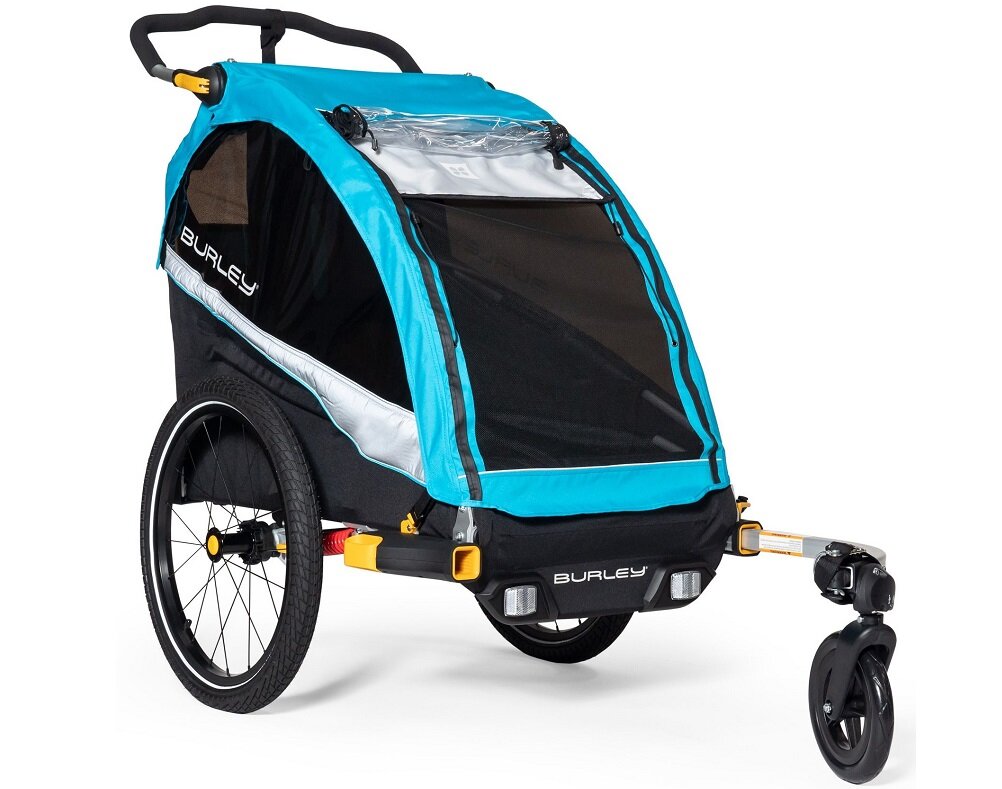 Przyczepka rowerowa BURLEY D’Lite X Niebieski dla dziecka Bezpieczne komfortowe Regulacja kierownicy Na każdą pogodę Możliwość złożenia