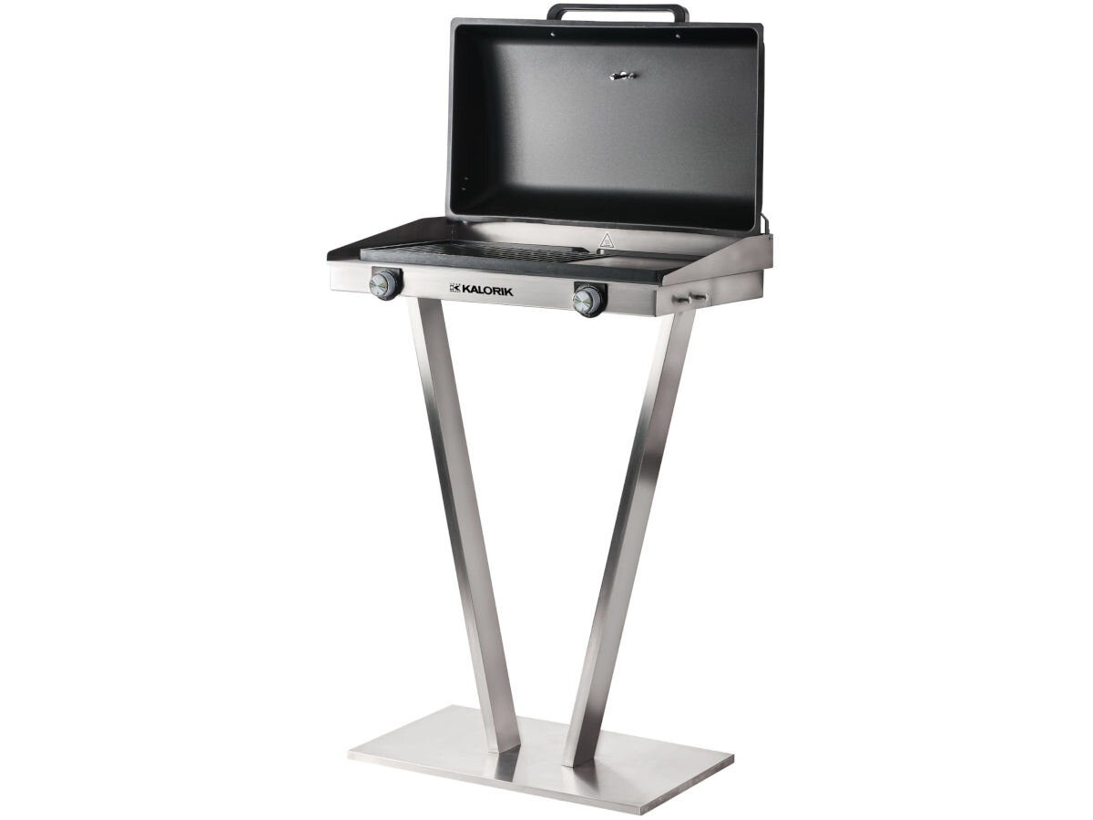 Grill elektryczny KALORIK TKG EBBQ 1002 L, stal, nierdzewna, wodoodporność, IPX4, uchwyt, na białym tle grill frontem prawo skos
