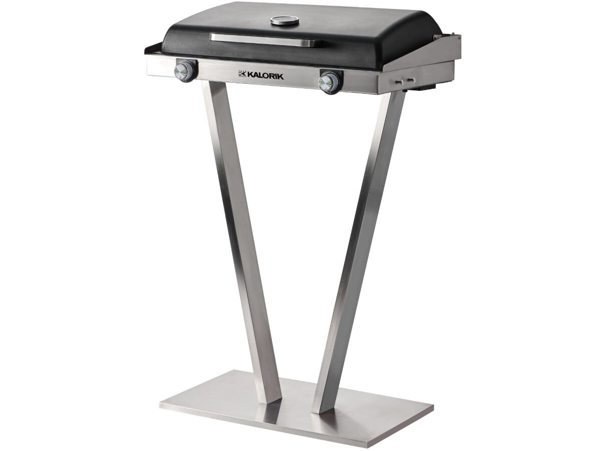 Grill elektryczny KALORIK TKG EBBQ 1002 L, wysokość, waga, Stabilność, użytkowanie, na białym tle grill frontem prawo skos z zamkniętą pokrywą