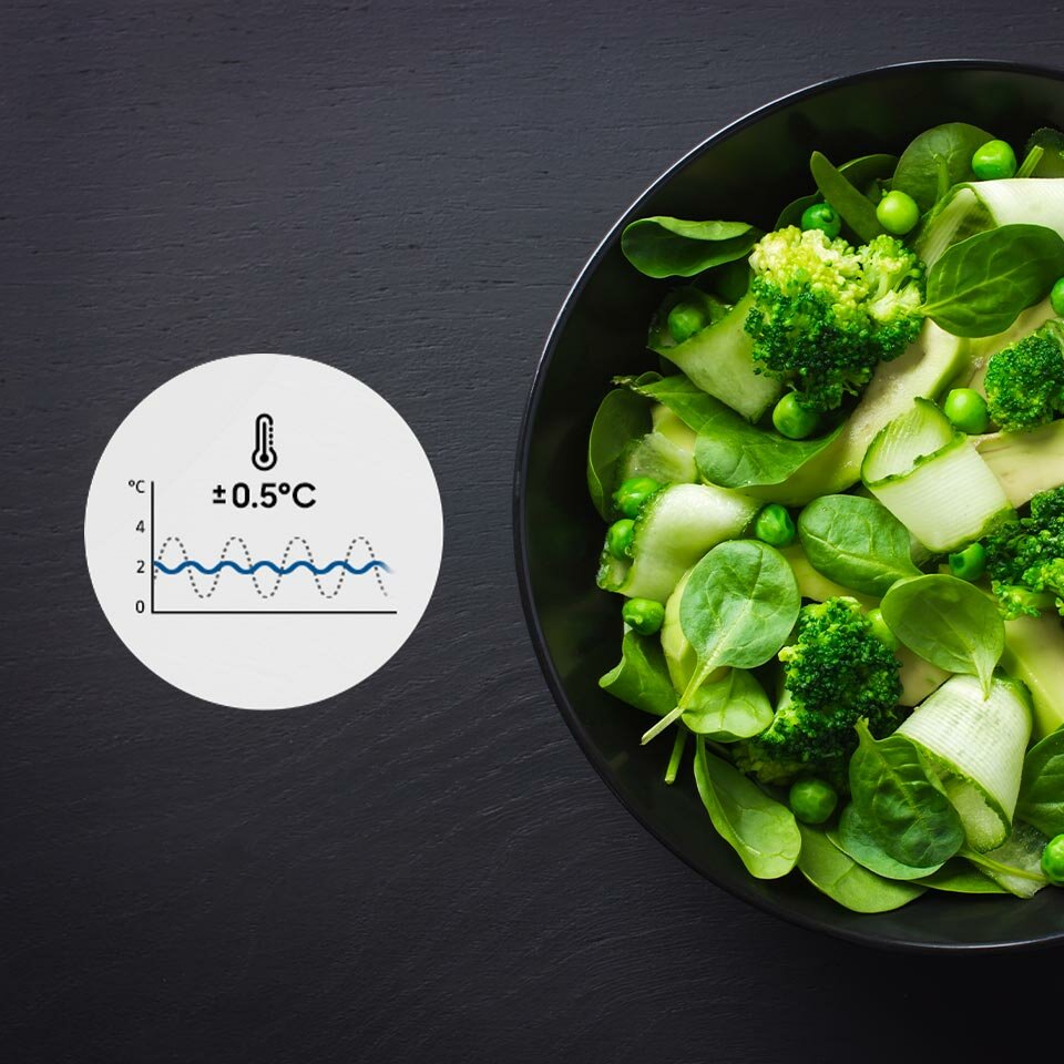 Zdjęcie zielonych warzyw wyglądających na świeże dzięki przechowywaniu ich w lodówce ze zminimalizowanymi wahaniami temperatury