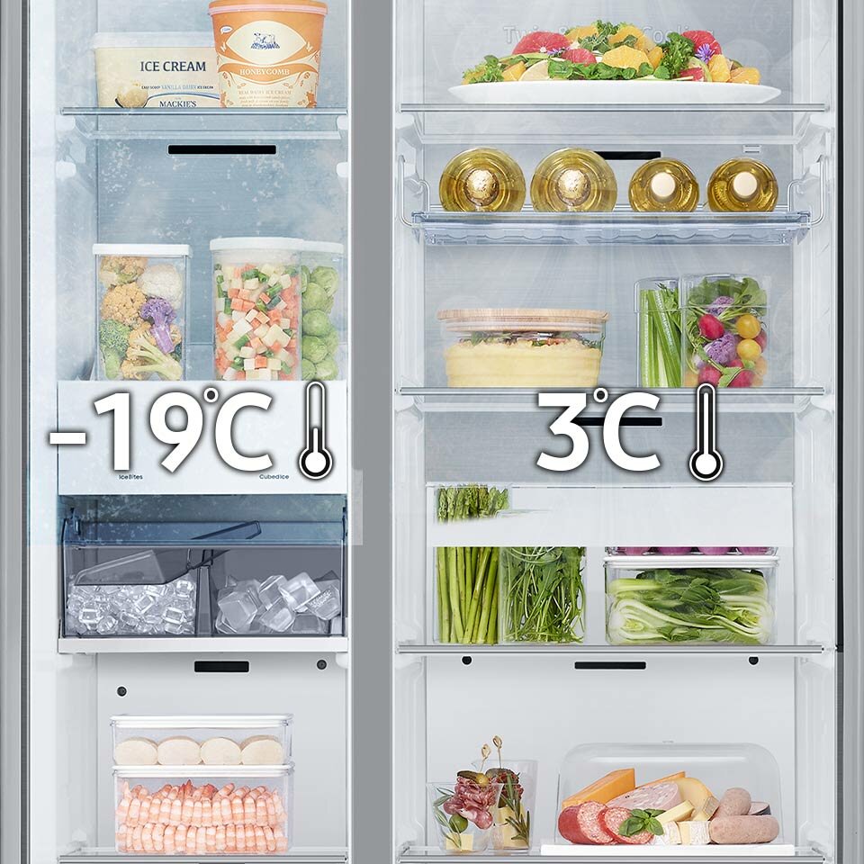 Zdjęcie pokazujące część zamrażalnika i chłodziarki wraz z grafiką informującą o możliwości dostosowania w nich warunków chłodzenia do aktualnych potrzeb