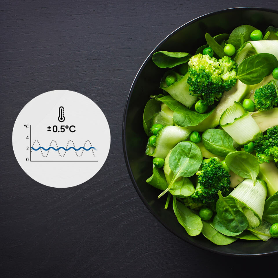 Zdjęcie zielonych warzyw wyglądających na świeże dzięki przechowywaniu ich w lodówce ze zminimalizowanymi wahaniami temperatury