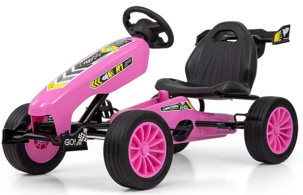 Gokart na pedały MILLY MALLY Rocket Różowy gokart na białym tle widoczny od przodu pod skosem zabaw nauka rozwój aktywność