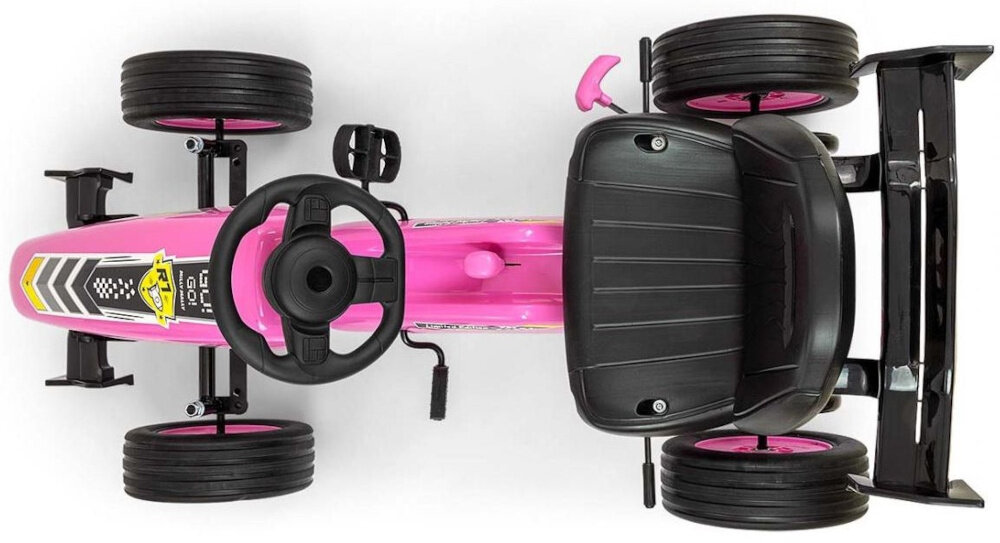 Gokart na pedały MILLY MALLY Rocket Różowy gokart na białym tle widoczny z góry dla dzieci powyżej 3 roku życia aerodynamiczna sylwetka bolidu Formuły 1 wytrzymały spoiler rozwijaj sprawność fizyczną koordynację ruchową refleks wspiera naukę równowagi i motoryki