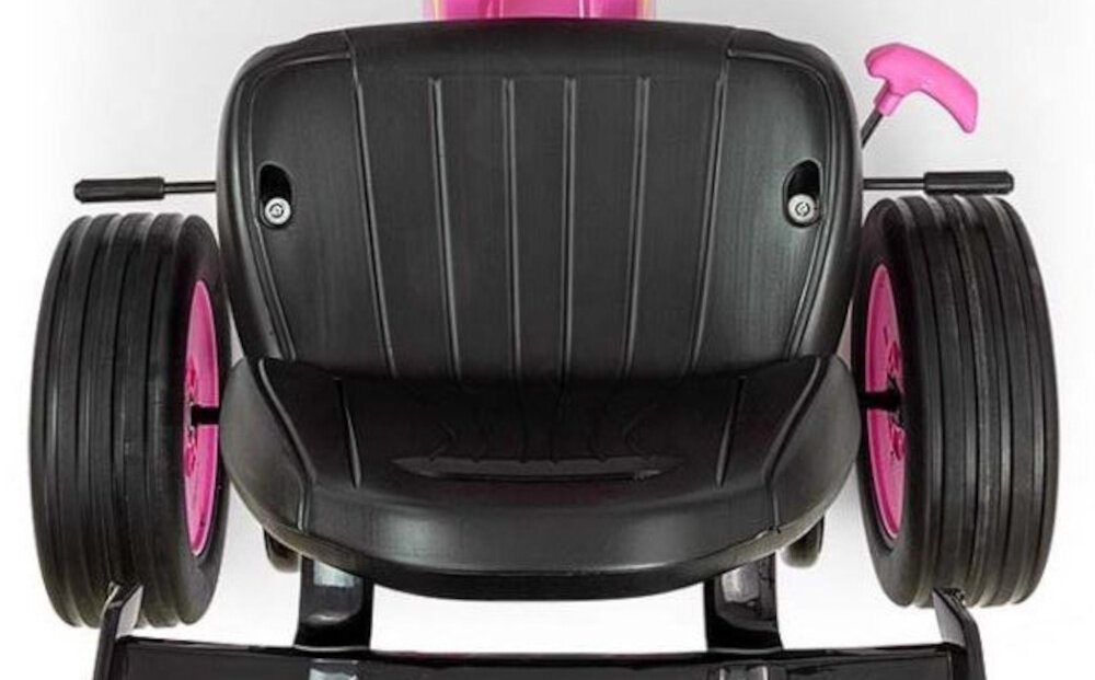 Gokart na pedały MILLY MALLY Rocket Różowy zbliżenie na fotel wyprofilowany fotel z możliwością dwustopniowej regulacji gokart „rośnie” wraz z użytkownikiem ergonomiczny kształt fotela