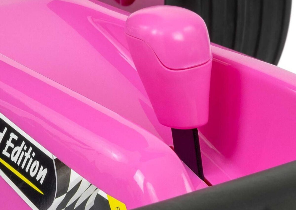 Gokart na pedały MILLY MALLY Rocket Różowy zbliżenie na dźwignię do zmiany biegów skrzynia biegów z możliwością jazdy do przodu do tyłu funkcja „wolnego koła” dziecko uczy się kontrolować prędkość i kierunek pojazdu