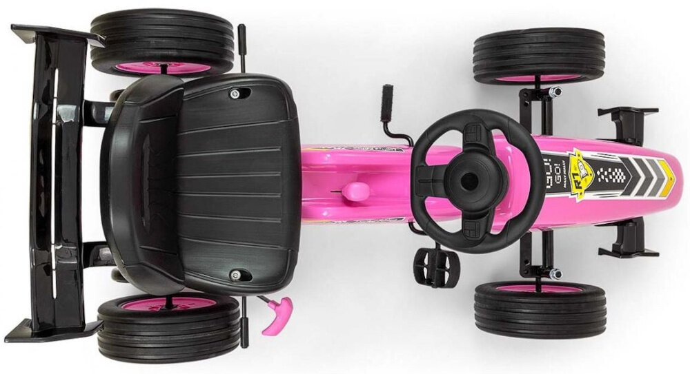 Gokart na pedały MILLY MALLY Rocket Różowy gokart na białym tle widoczny z góry uchwyt umieszczony w oparciu pozwala dorosłym wygodnie przenosić gokart waga około 11,5 kg niewielkie wymiary (590 x 600 x 1230 mm)