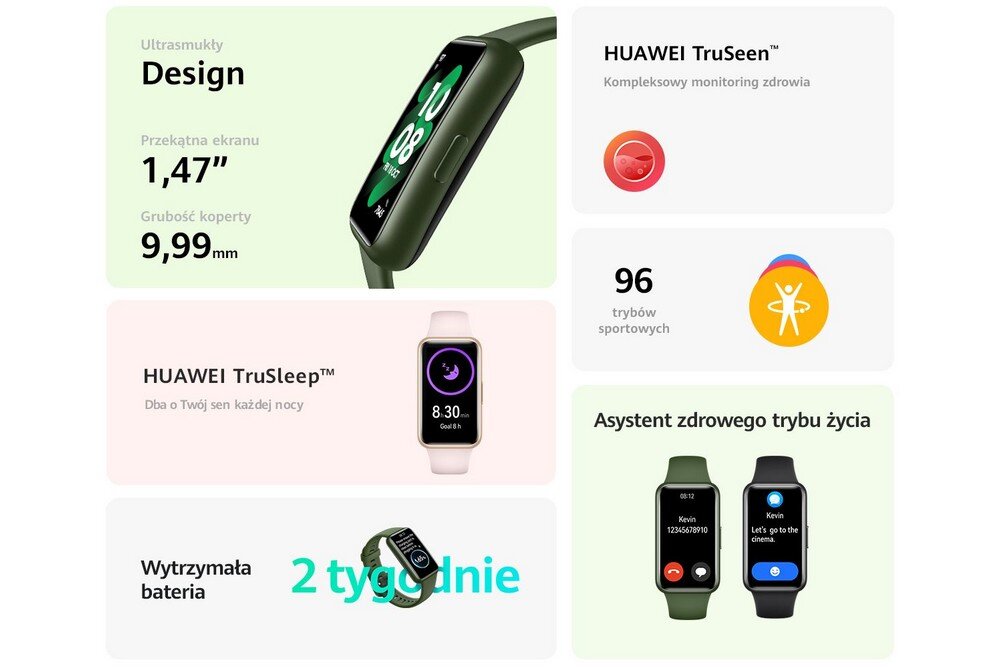 Smartband HUAWEI Band 7 ekran bateria czujniki zdrowie sport pasek ładowanie pojemność rozdzielczość łączność sterowanie krew puls rozmowy smartfon aplikacja