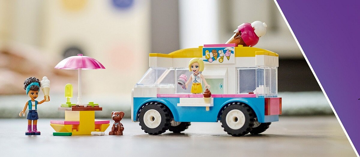 LEGO Friends Furgonetka z lodami 41715 dla chłopców i dziewczynek minilaleczki Andreę i Roxy z LEGO Friends oraz uroczą figurka psa Zafunduj dzieciom zabawę w świecie wyobraźni i zachęcają do spędzania czasu z przyjaciółmi Moc przyjaźni 