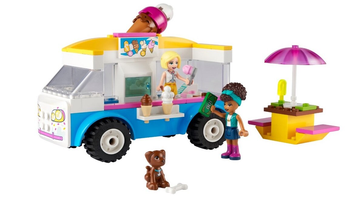 LEGO Friends Furgonetka z lodami 41715 dla chłopców i dziewczynek minilaleczki Andreę i Roxy z LEGO Friends oraz uroczą figurka psa Doskonały prezent dla dzieci w wieku od czterech lat