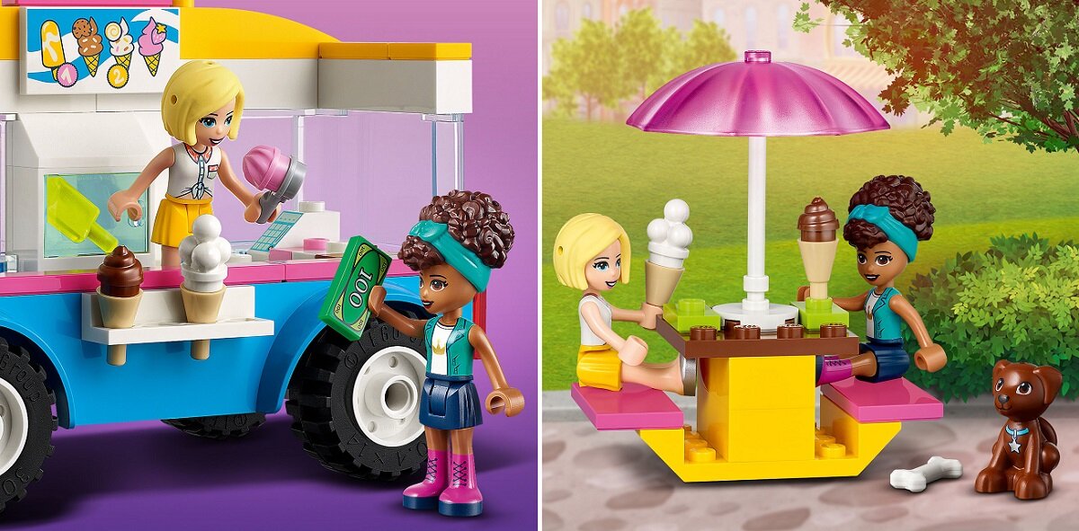LEGO Friends Furgonetka z lodami 41715 dla chłopców i dziewczynek minilaleczki Andreę i Roxy z LEGO Friends oraz uroczą figurka psa Kulinarna zabawka rozwijająca wyobraźnię 