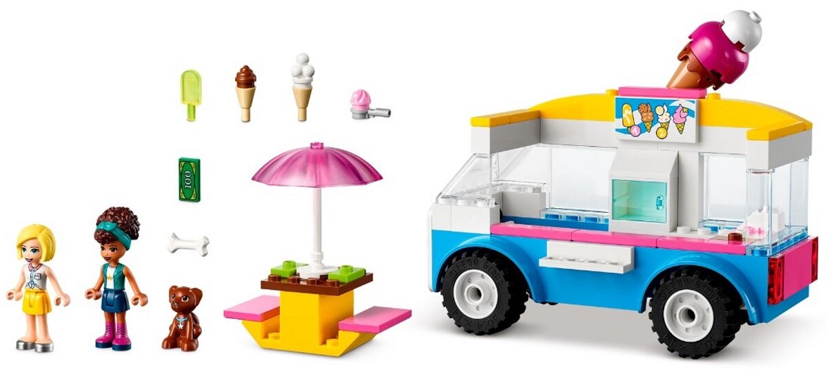 LEGO Friends Furgonetka z lodami 41715 dla chłopców i dziewczynek minilaleczki Andreę i Roxy z LEGO Friends oraz uroczą figurka psa Zabawa w sklep dla dzieci w wieku od czterech lat 