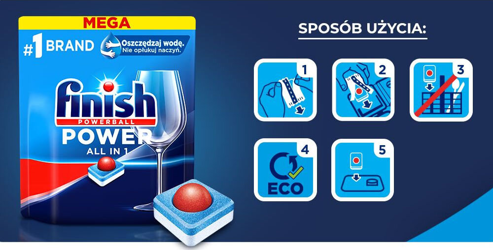 Tabletki do  zmywarek FINISH Powerball Power All in 1 Fresh - 20 szt. Sposób użycia