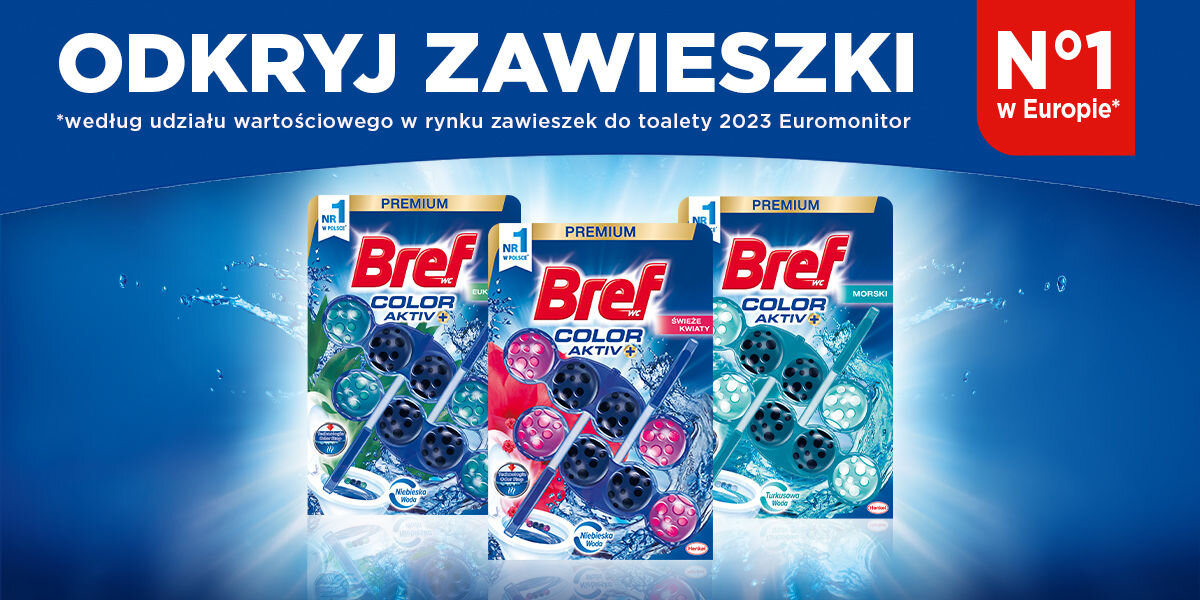 Kostka do WC BREF Color Aktiv Świeże kwiaty Reklama Bref WC Color Aktiv+. Duży napis: ODKRYJ ZAWIESZKI N°1 w Europie (według udziału wartościowego w rynku zawieszek do toalety 2023 Euromonitor). Trzy opakowania zawieszek toaletowych Bref Color Aktiv+ Premium w wariantach: Zielony (Eukaliptus), Różowy (Świeże Kwiaty/Malinowa Woda) i Turkusowy (Morski).
