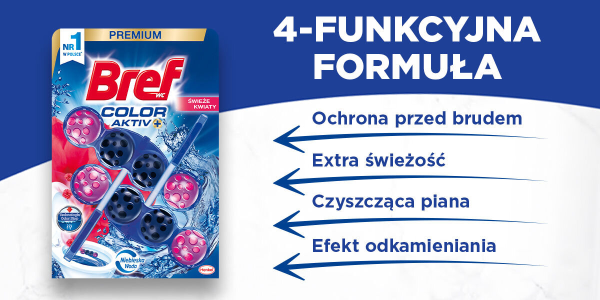 Kostka do WC BREF Color Aktiv Świeże kwiaty Reklama zawieszki Bref WC Color Aktiv+ Świeże Kwiaty (Premium). Napis: 4-FUNKCYJNA FORMUŁA. Lista korzyści: Ochrona przed brudem, Extra świeżość, Czyszcząca piana, Efekt odkamieniania. Widoczny element Niebieska Woda oraz Technologia Odor Stop.