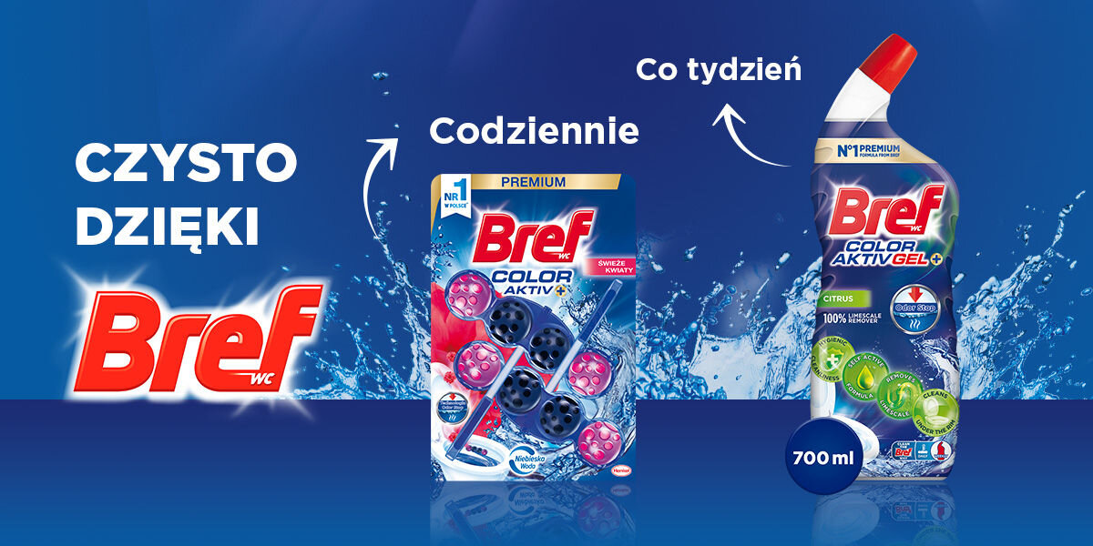 Kostka do WC BREF Color Aktiv Świeże kwiaty Porównanie dwóch produktów Bref WC. Zawieszka Bref Color Aktiv+ Świeże Kwiaty (Premium) do użytku codziennego oraz żel Bref Color Aktiv Gel Citrus do głębokiego czyszczenia (Co tydzień). Napis: CZYSTO DZIĘKI BREF WC.