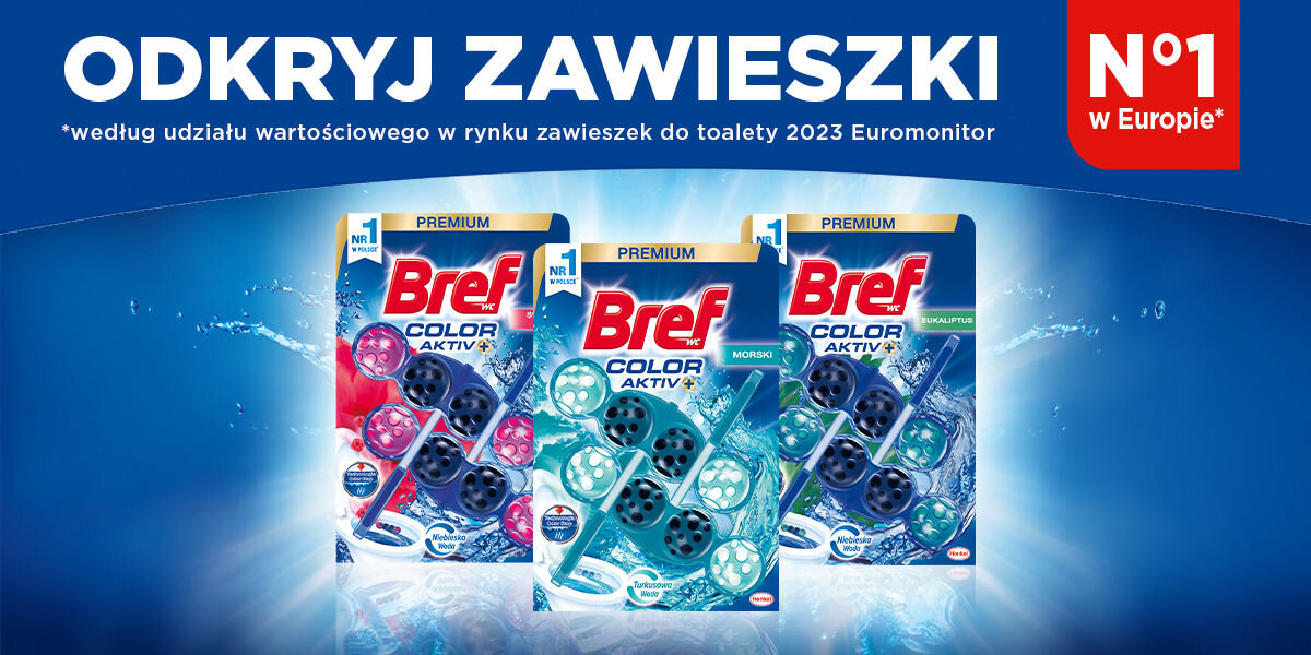 Kostka do WC BREF Color Aktiv Morski Reklama Bref WC Color Aktiv+. Duży napis: ODKRYJ ZAWIESZKI N°1 w Europie (według udziału wartościowego w rynku zawieszek do toalety 2023 Euromonitor). Trzy opakowania zawieszek toaletowych Bref Color Aktiv+ Premium w wariantach: Różowy (Malinowa Woda), Turkusowy (Morski) i Zielony (Eukaliptus).