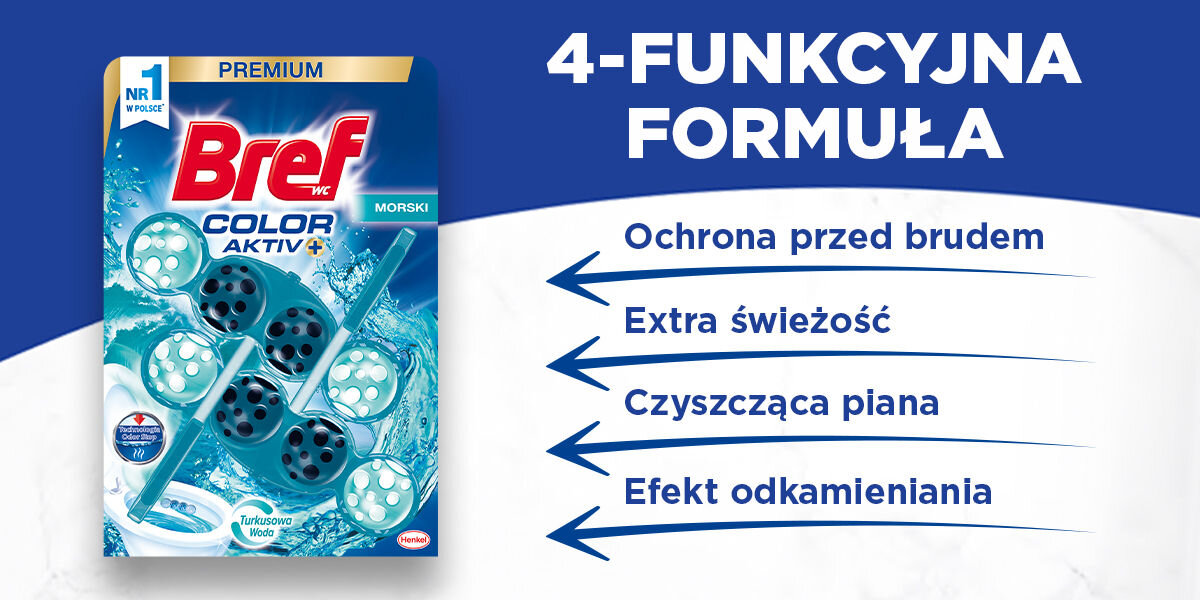 Kostka do WC BREF Color Aktiv Morski Reklama zawieszki Bref WC Color Aktiv+ Morski (Premium). Napis: 4-FUNKCYJNA FORMUŁA. Lista korzyści: Ochrona przed brudem, Extra świeżość, Czyszcząca piana, Efekt odkamieniania. Widoczny element Turkusowa Woda oraz Technologia Odor Stop.