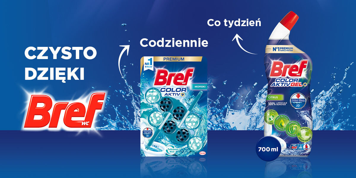 Kostka do WC BREF Color Aktiv Morski Porównanie dwóch produktów Bref WC. Zawieszka Bref Color Aktiv+ Morski (Premium) do użytku codziennego oraz żel Bref Color Aktiv Gel Citrus do głębokiego czyszczenia (Co tydzień). Napis: CZYSTO DZIĘKI BREF WC.