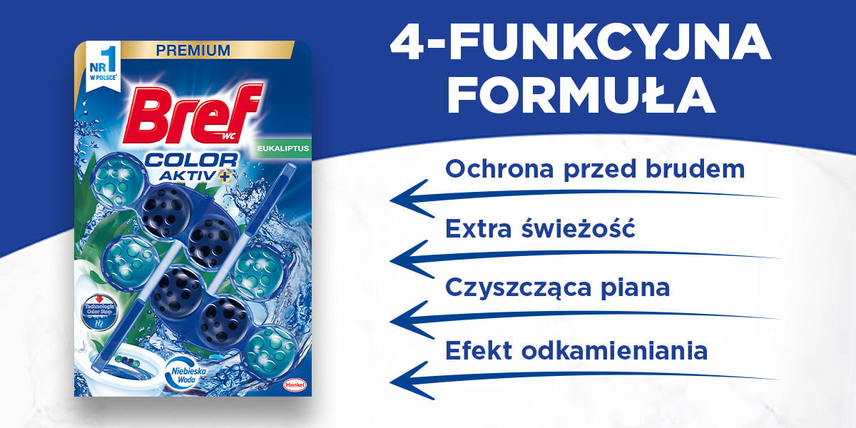 Kostka do WC BREF Color Aktiv Eukaliptus Reklama zawieszki Bref WC Color Aktiv+ Eukaliptus (Premium). Napis: 4-FUNKCYJNA FORMUŁA. Lista korzyści: Ochrona przed brudem, Extra świeżość, Czyszcząca piana, Efekt odkamieniania. Widoczny element Niebieska Woda oraz Technologia Odor Stop.